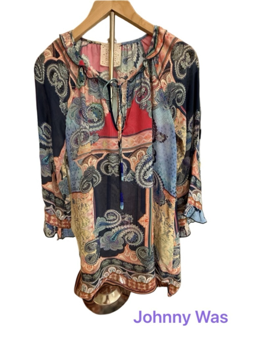 JOHNNY WAS Jade Paisley Tunic Top S in Blue and Red, beaded ties, ruffle sleeve